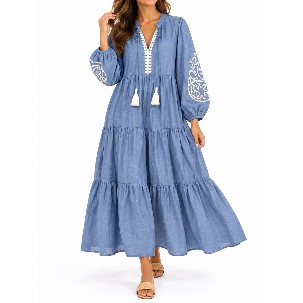 Tuckernuck Salty Paloma Chambray Embroidered Maxi Caftan Dress 3XL NWT